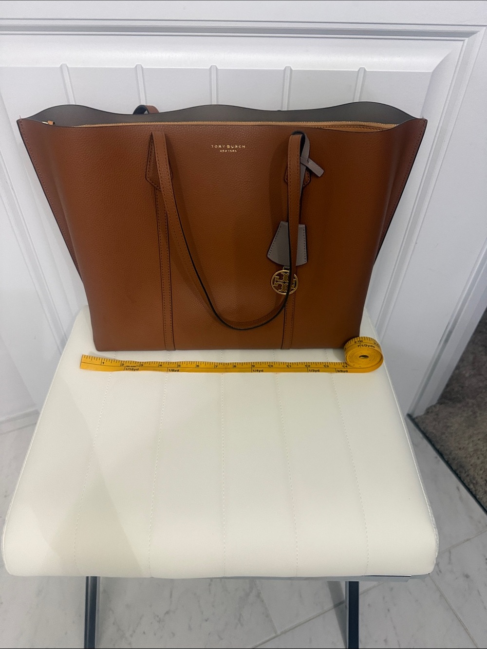 Authentic Tory Burch  Cognac Leather Tote with Logo Charm